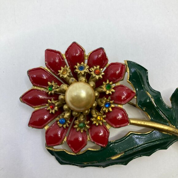 Vtg 1940 CORO pewter enamel flower daisy brooch - Picture 2 of 3